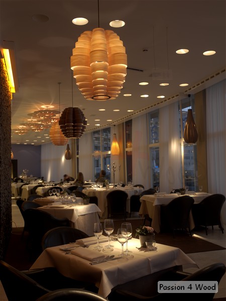 Pendal lighting in wood veneer in restaurant above bar and tables - Agua del Mar 01